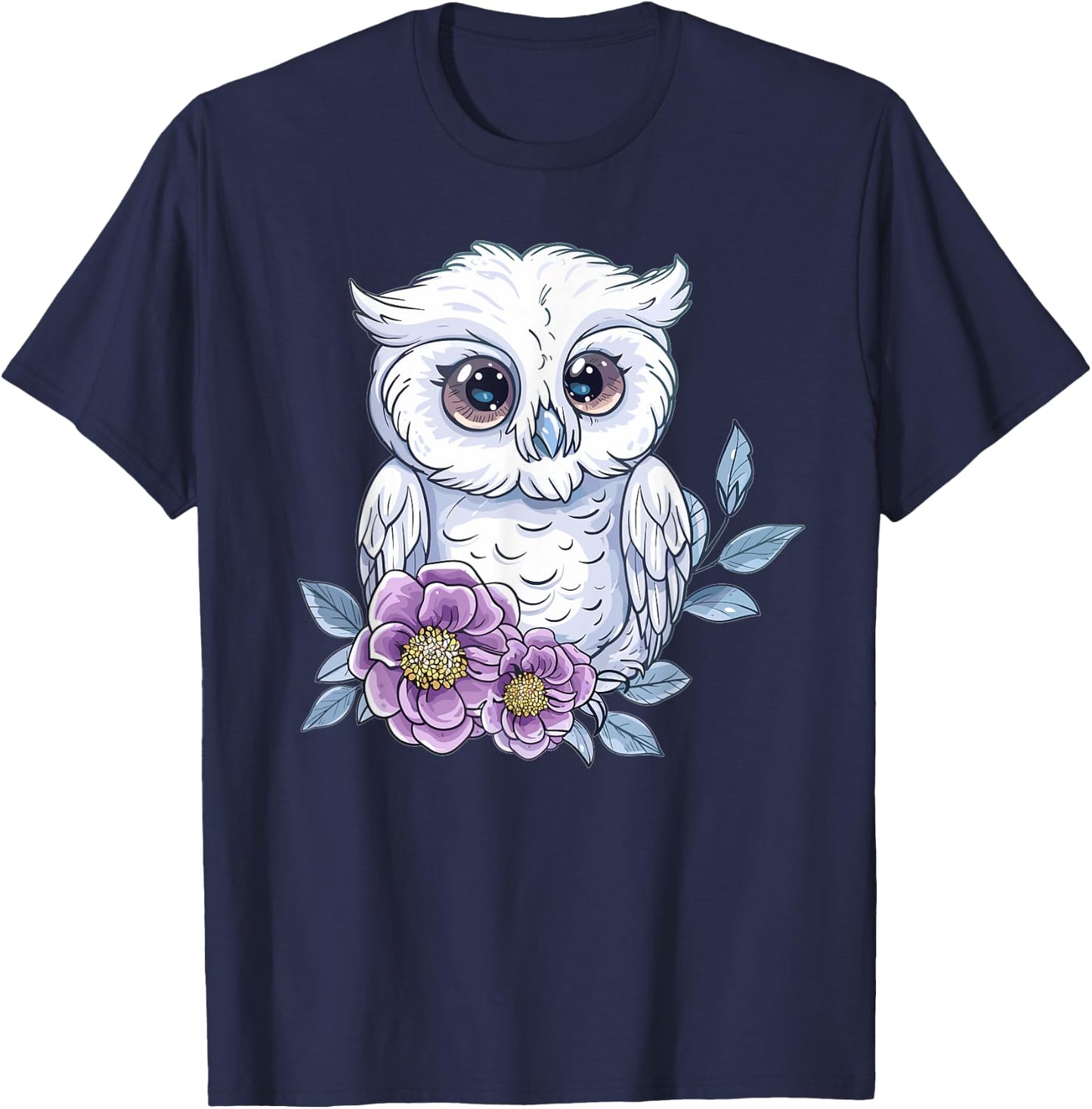 Cute Snowy Owl With Flowers I Snowy Owl T-Shirt - T-Shirt | Navy