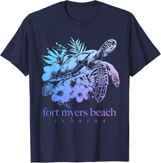 Fort Myers Beach Florida Turtle Flowers Surfer Souvenir T-Shirt - T-Shirt | Navy