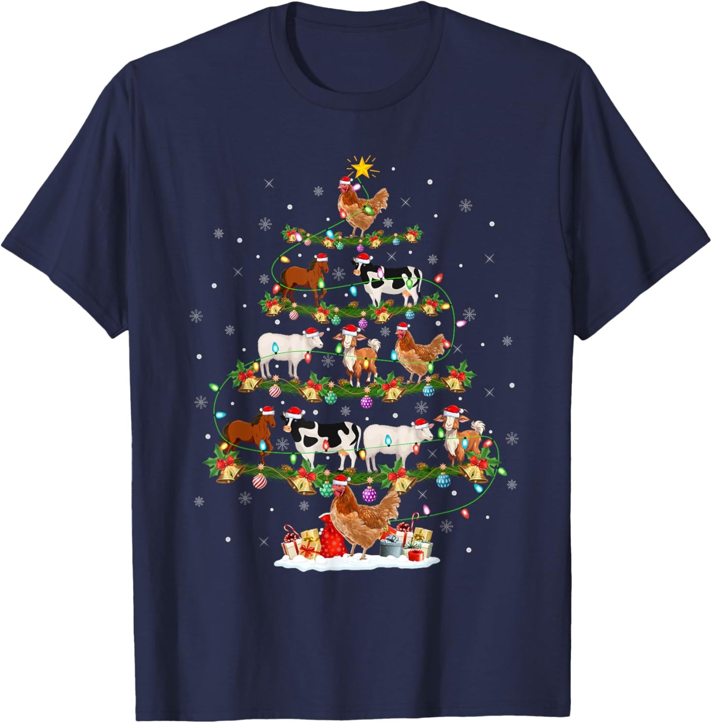 Chicken Cow Goat Horse Farm Animal Farmer Christmas Tree T-Shirt - T-Shirt | Navy