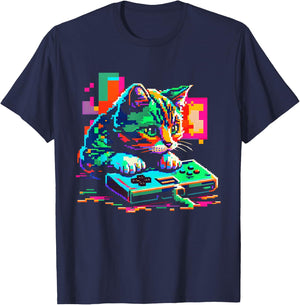 Cat Gaming 8-bit Gaming Cat Pixel Art Gamer Kitten Women Girls Kids T-Shirt - T-Shirt | Navy