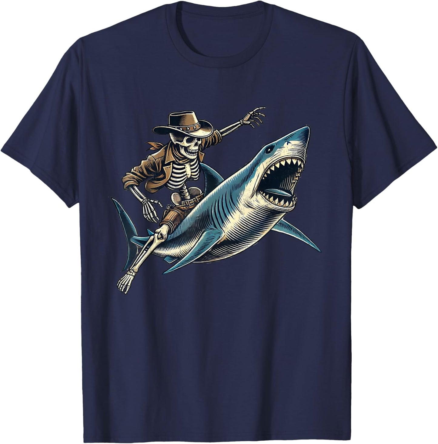 Skeleton Rodeo Shark Funny Vintage Skeleton Riding Shark T-Shirt - T-Shirt | Navy
