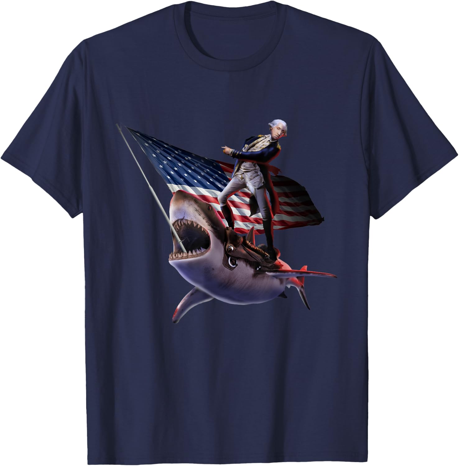 George Washington Riding Shark, 4th July, Patriotic Funny T-Shirt - T-Shirt | Navy