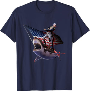 George Washington Riding Shark, 4th July, Patriotic Funny T-Shirt - T-Shirt | Navy