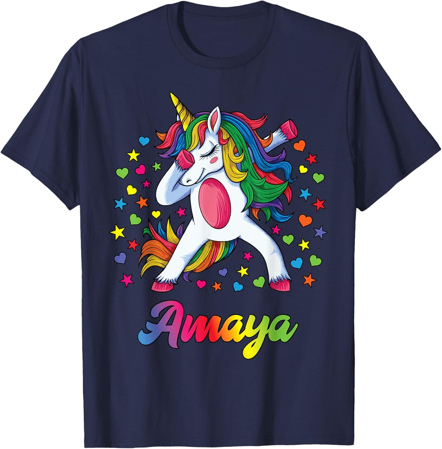 Amaya Dabbing Unicorn Rainbow Personalized Name Custom T-Shirt - T-Shirt | Navy
