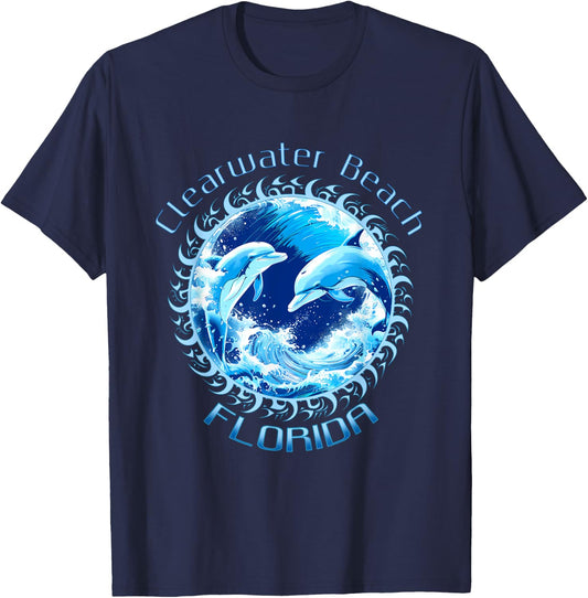Cute Ocean Dolphin Lovers Clearwater Beach Florida Vacation Men Women Kids T-Shirt - T-Shirt | Navy