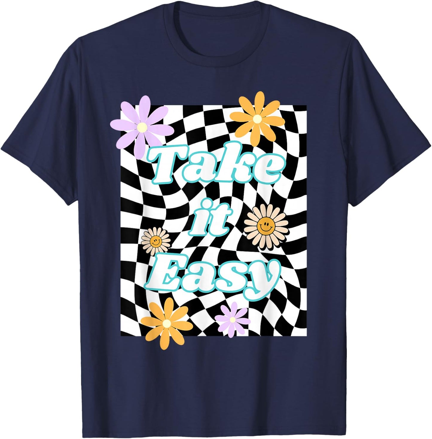 Take It Easy Checkered Groovy Smile Daisy Retro Flower T-Shirt - T-Shirt | Navy