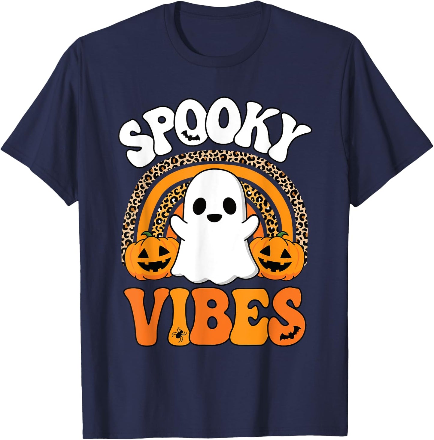 Spooky Vibes Ghost Pumpkin Halloween Rainbow Men Women Kids T-Shirt - T-Shirt | Navy