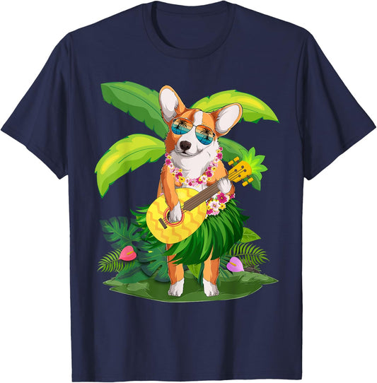 Hawaiian Corgi Dog & Pineapple Ukulele Summer Vacation Women Girls Kids T-Shirt - T-Shirt | Navy