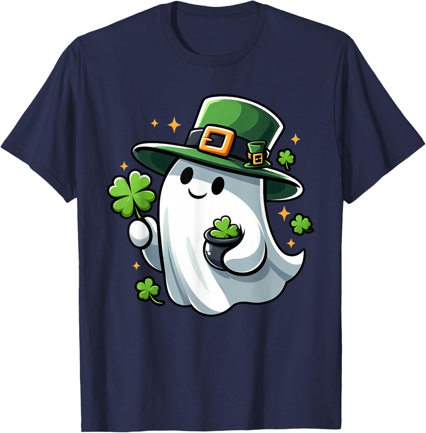 Saint Patricks Day Ghost Clover Pocket Cute My Boo Men Women T-Shirt - T-Shirt | Navy