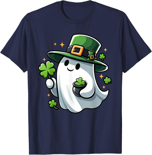 Saint Patricks Day Ghost Clover Pocket Cute My Boo Men Women T-Shirt - T-Shirt | Navy