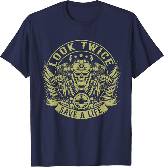 Look Twice Save A Life Funny Motorcycle Biker Riding T-Shirt - T-Shirt | Navy
