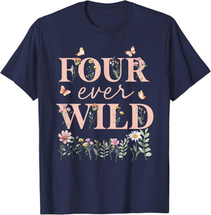 Four Ever Wild Wildflower Watercolor Floral 4th Bday Girl T-Shirt - T-Shirt | Navy