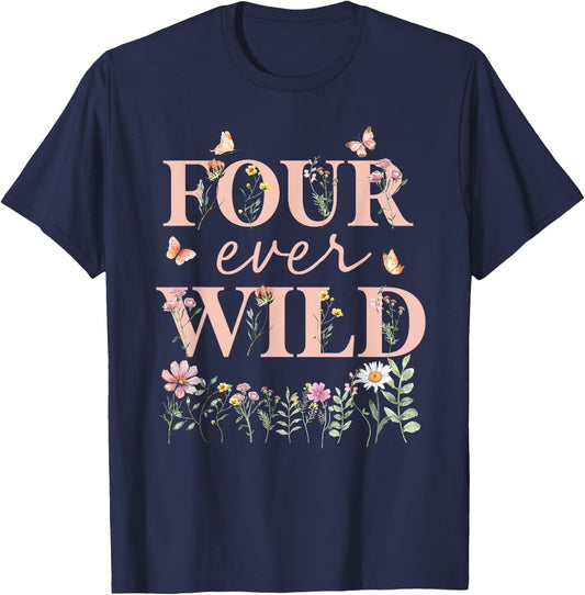 Four Ever Wild Wildflower Watercolor Floral 4th Bday Girl T-Shirt - T-Shirt | Navy