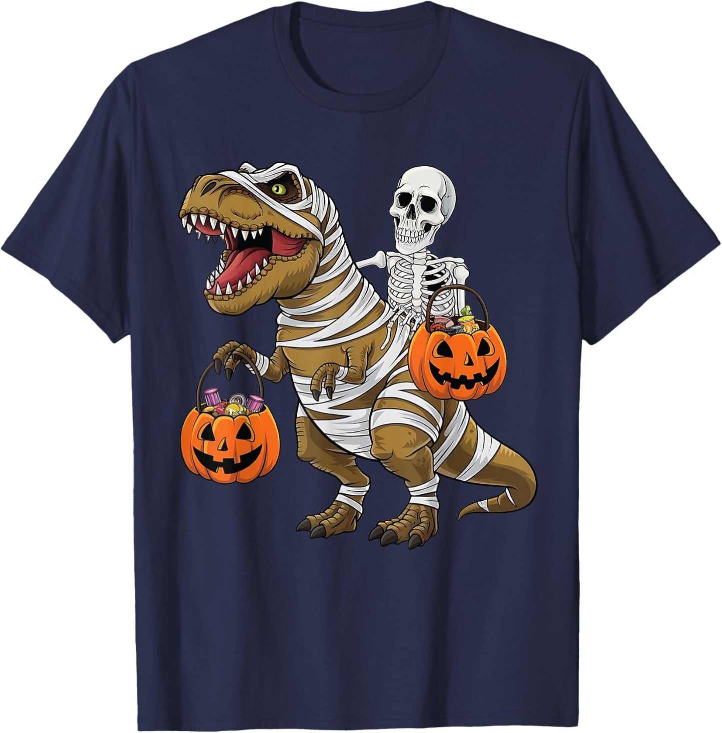 Skeleton Riding Mummy Dinosaur T rex Halloween Funny Pumpkin T-Shirt - T-Shirt | Navy