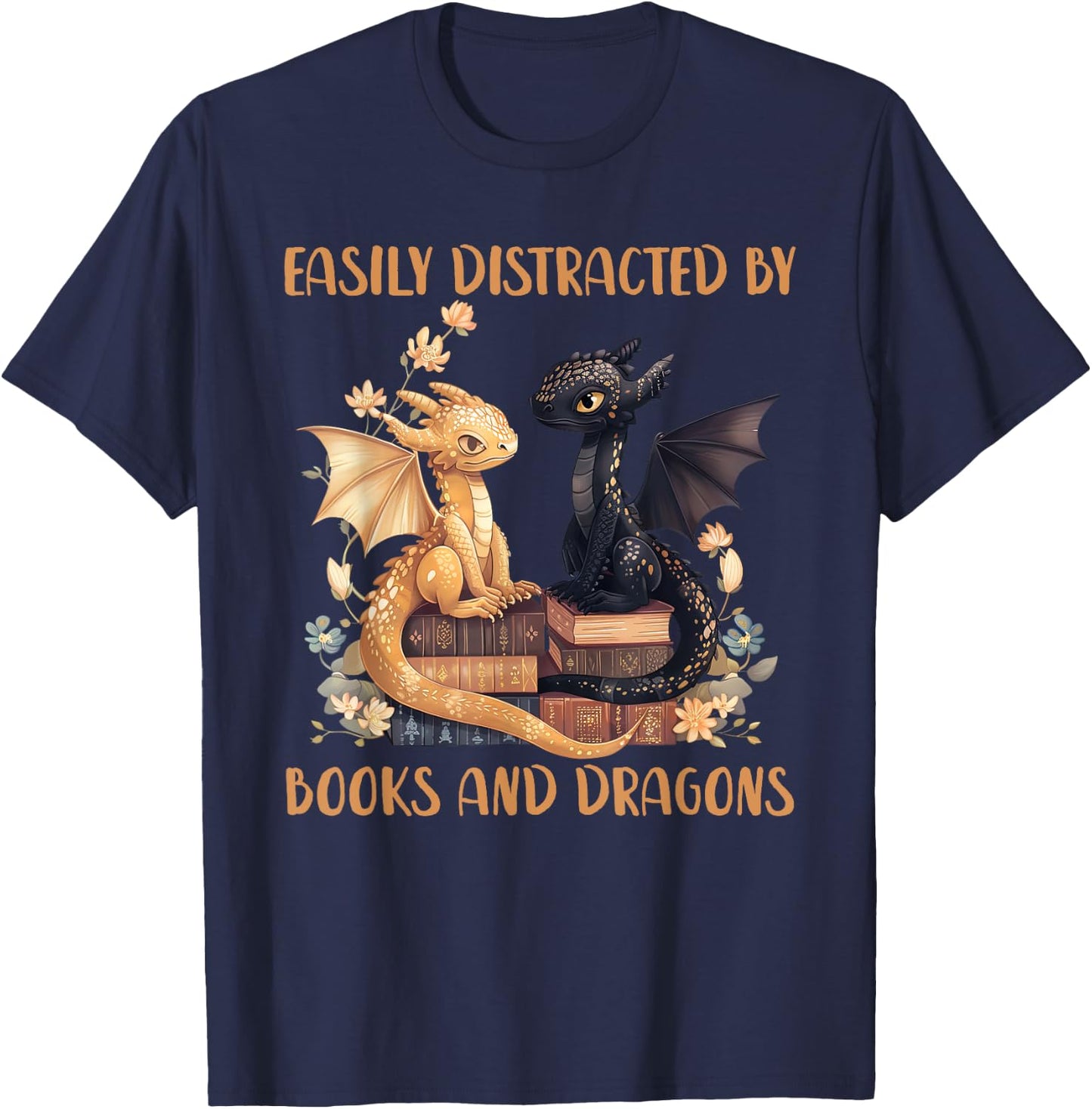 Easily Distracted By Books & Dragons Librarian Book Lover , Small, Black T-Shirt - T-Shirt | Navy