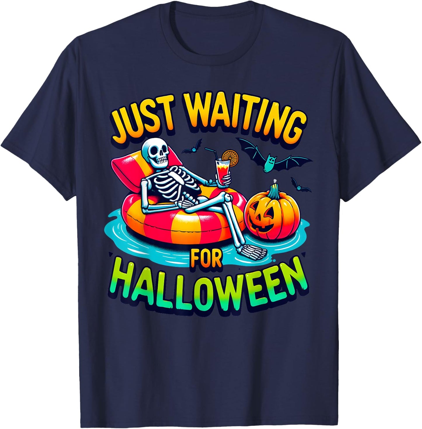 Just Waiting for Halloween Spooky Skeleton Summer Halloween Men Women T-Shirt - T-Shirt | Navy