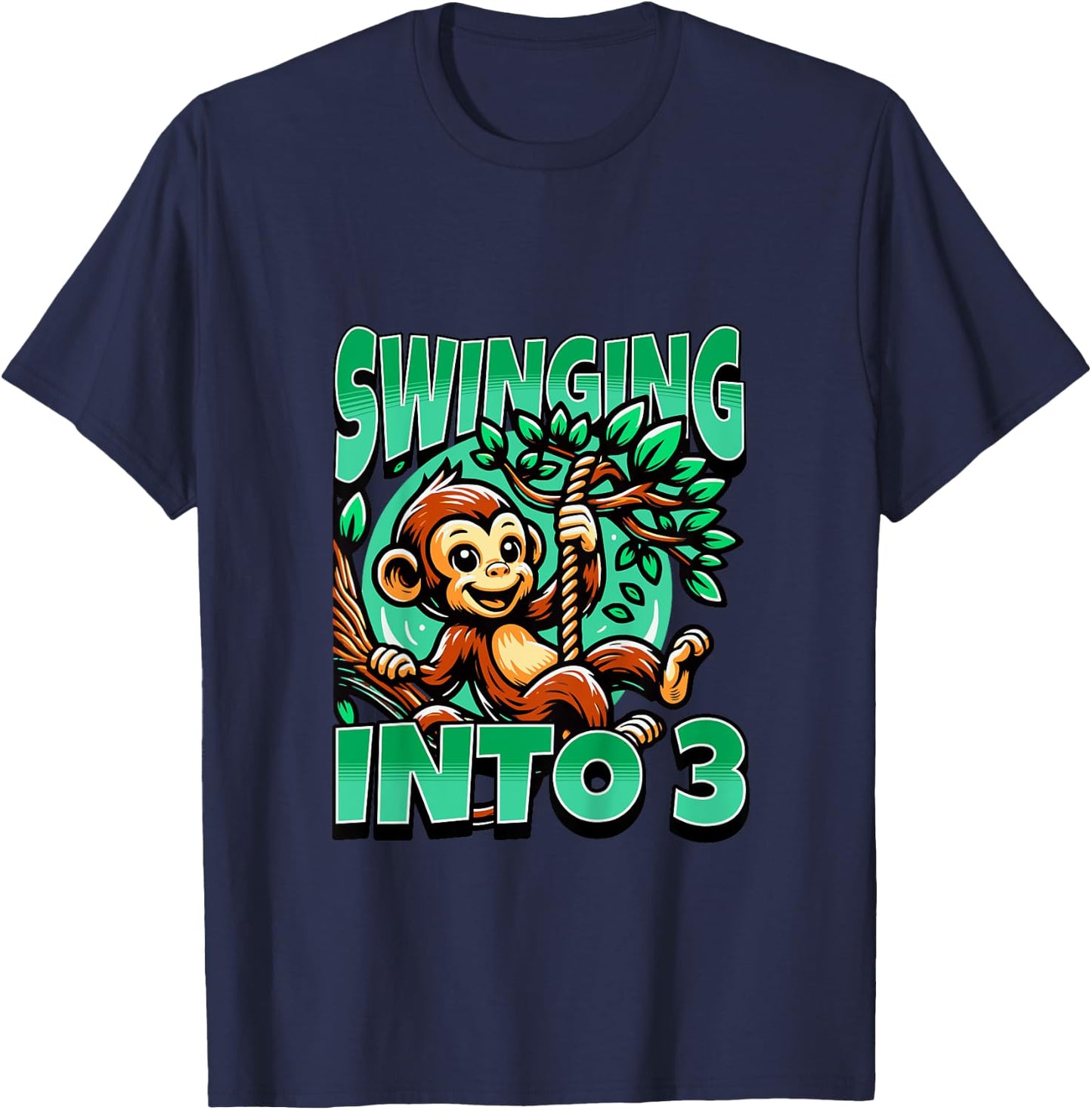 Monkey Swinging Into 3 Year Old 3rd Birthday Boy Girl T-Shirt - T-Shirt | Navy