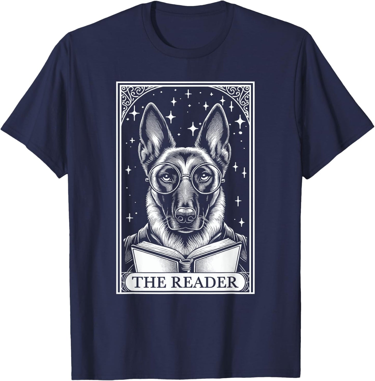 Tarot Card Vintage Belgian Malinois Book Lover The Reader T-Shirt - T-Shirt | Navy