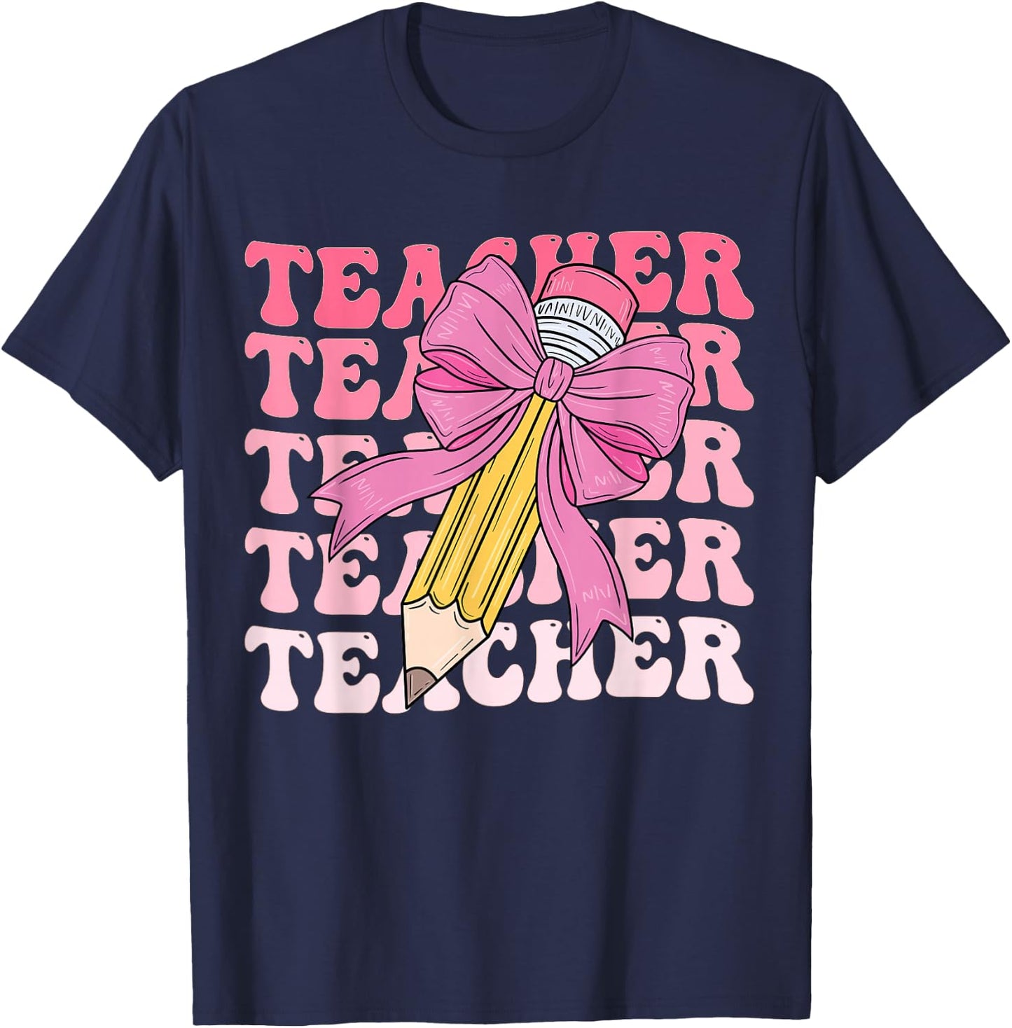 Teacher Pencil Back to School Groovy Pink Teacher First Day T-Shirt - T-Shirt | Navy