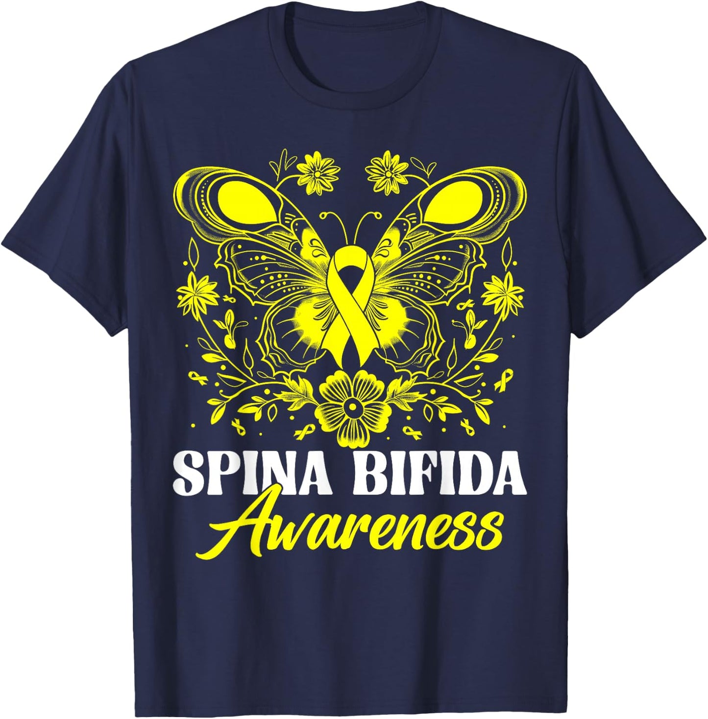 Spina Bifida Awareness Month Warrior Yellow Ribbon Butterfly T-Shirt - T-Shirt | Navy