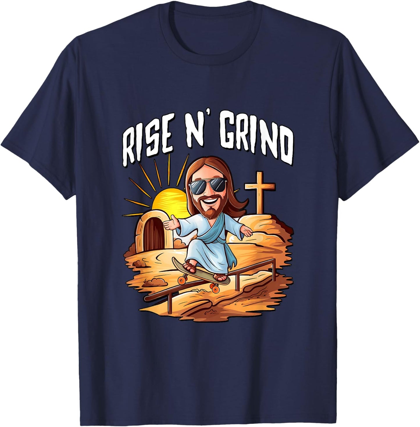 Rise N' Grind - Jesus Riding A Skateboard T-Shirt - T-Shirt | Navy