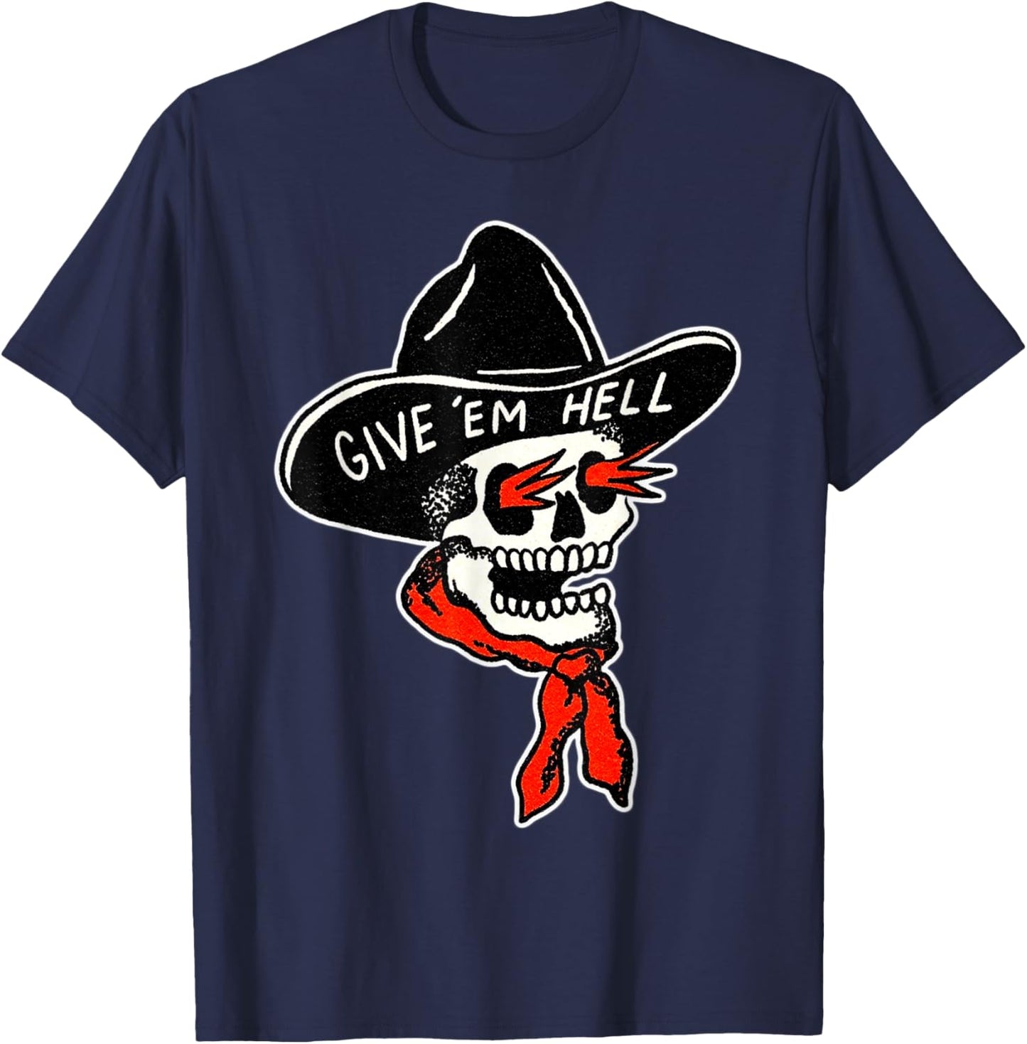 Cowboy Reaper Skull x Give em' Hell Traditional Tattoo Flash T-Shirt - T-Shirt | Navy