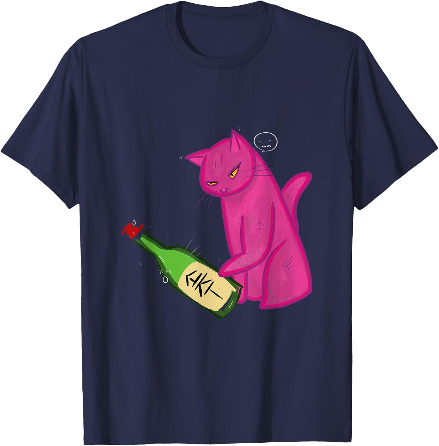 Pink Cat Tipping Soju Bottle T-Shirt - T-Shirt | Navy