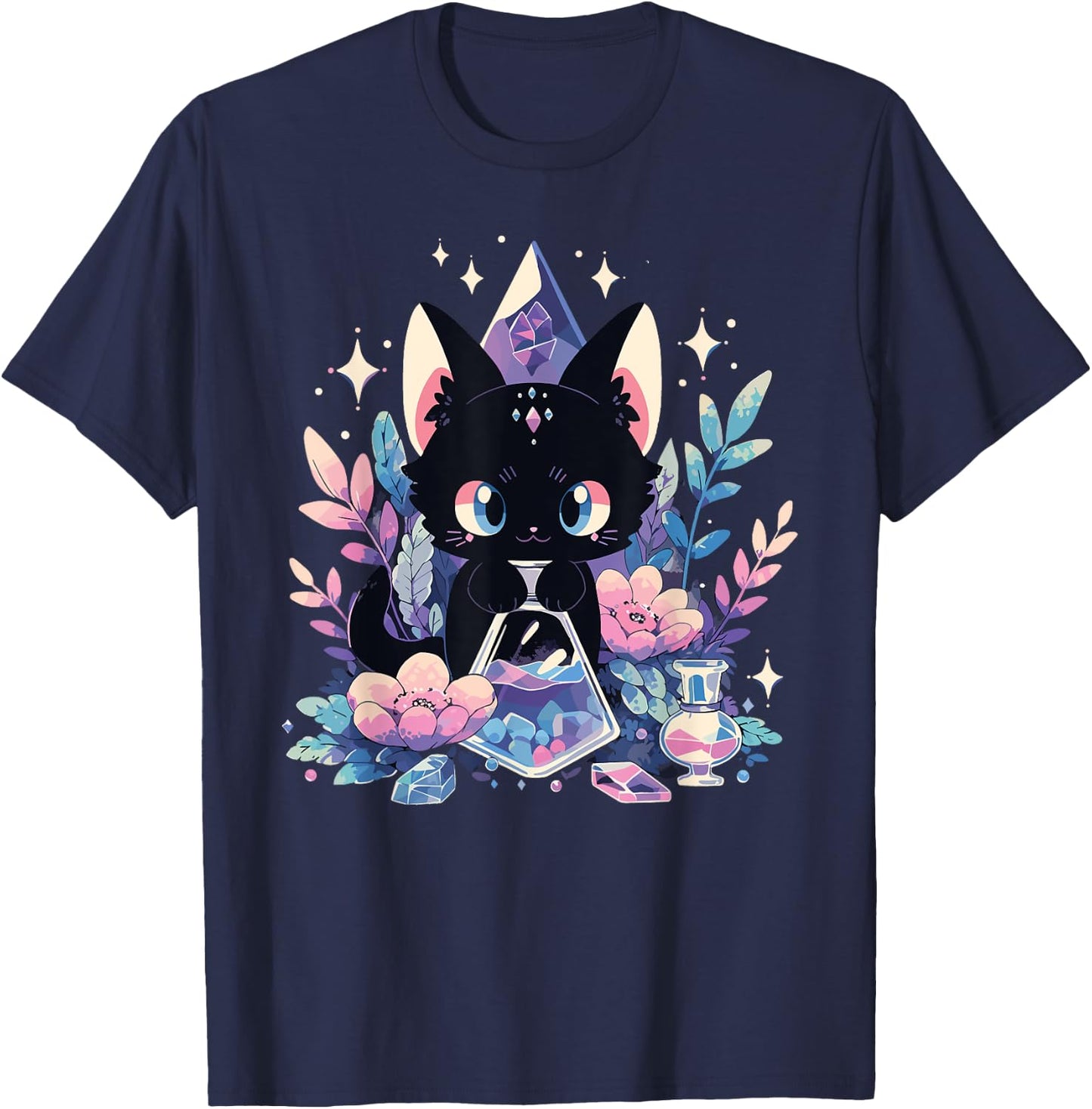 Cute Kawaii Witch Black Cat Crystal Alchemist Pastel Goth T-Shirt - T-Shirt | Navy