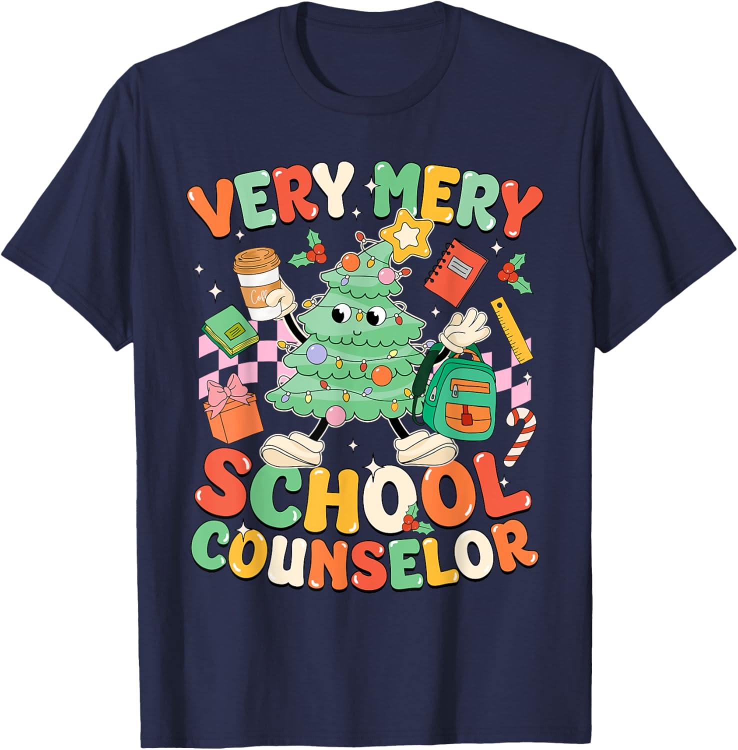 Very Merry School Counselor Funny Christmas Counselor T-Shirt - T-Shirt | Navy