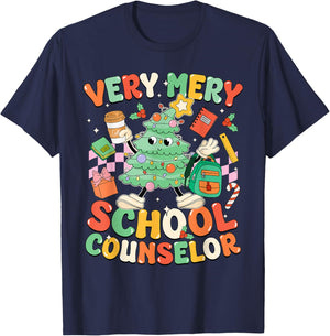 Very Merry School Counselor Funny Christmas Counselor T-Shirt - T-Shirt | Navy