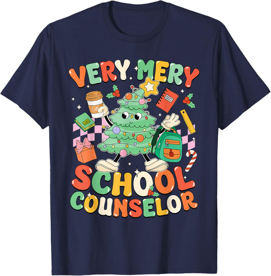 Very Merry School Counselor Funny Christmas Counselor T-Shirt - T-Shirt | Navy