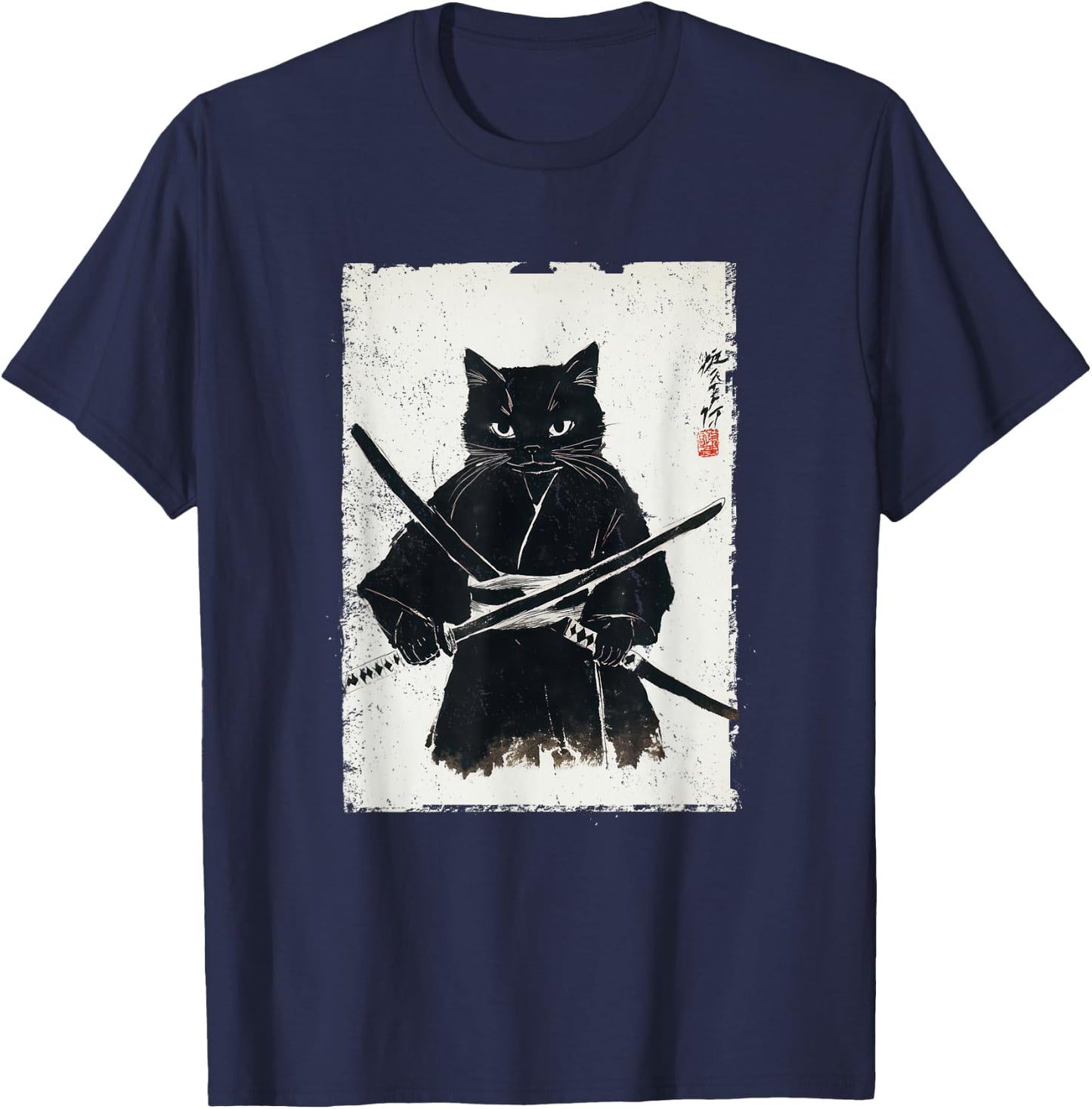 Vintage Samurai Cat Graphic Art Japanese Ukiyo-e T-Shirt - T-Shirt | Navy