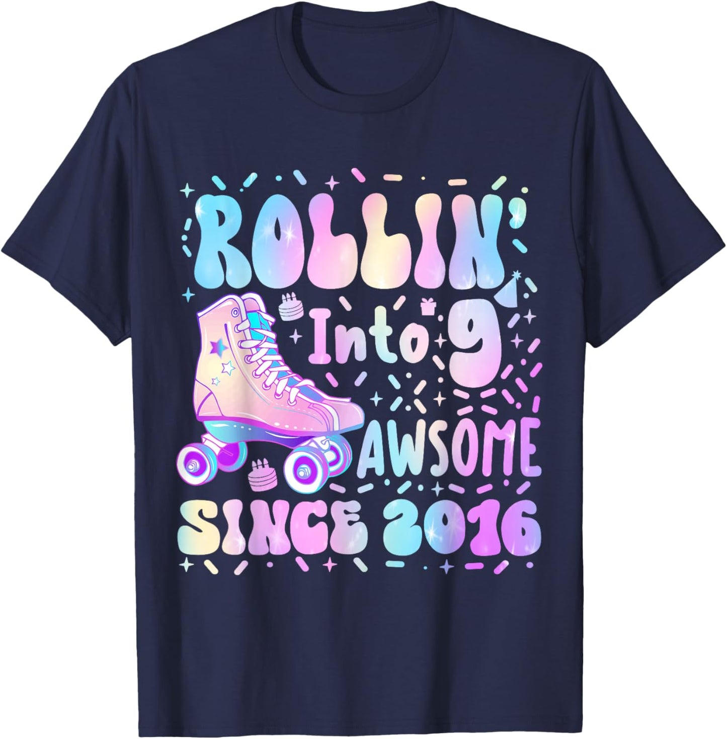 Roller Skating 9th Birthday Rolling Into 9 Since 2016 Girls T-Shirt - T-Shirt | Navy