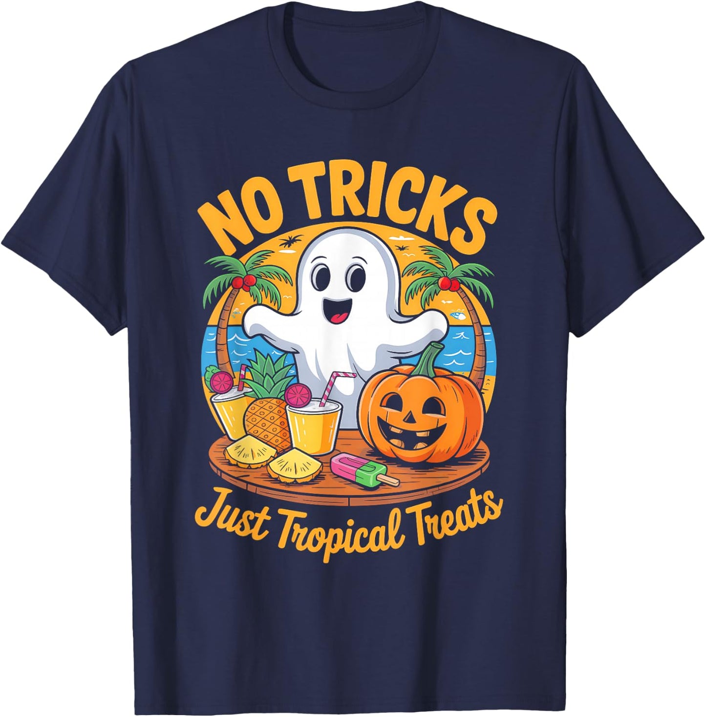 Cute Summerween Ghost Funny Beach Halloween T-Shirt - T-Shirt | Navy