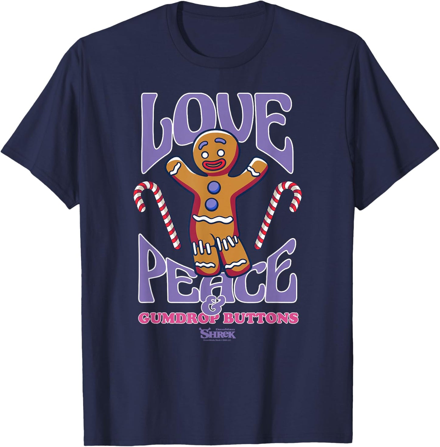 Shrek Gingy Love Peace & Gumdrop Buttons T-Shirt - T-Shirt | Navy