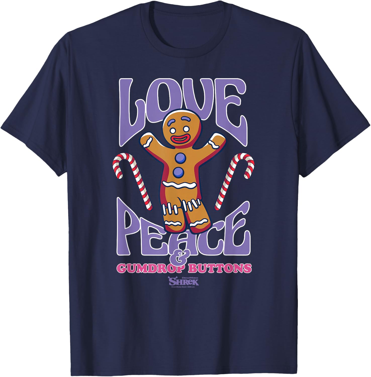 Shrek Gingy Love Peace & Gumdrop Buttons T-Shirt - T-Shirt | Navy