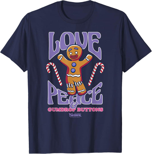 Shrek Gingy Love Peace & Gumdrop Buttons T-Shirt - T-Shirt | Navy