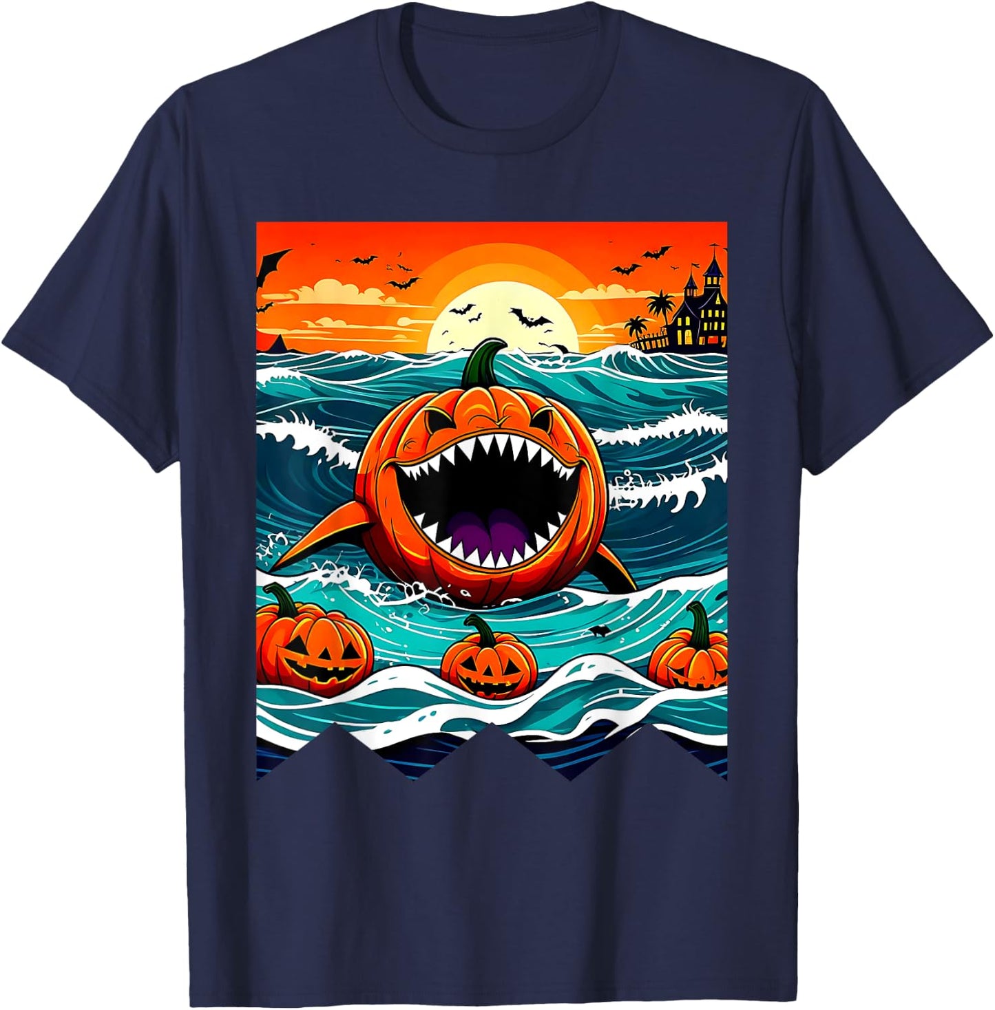 Halloween Pumpkin Shark Funny Summerween Spooky Summer Kids T-Shirt - T-Shirt | Navy