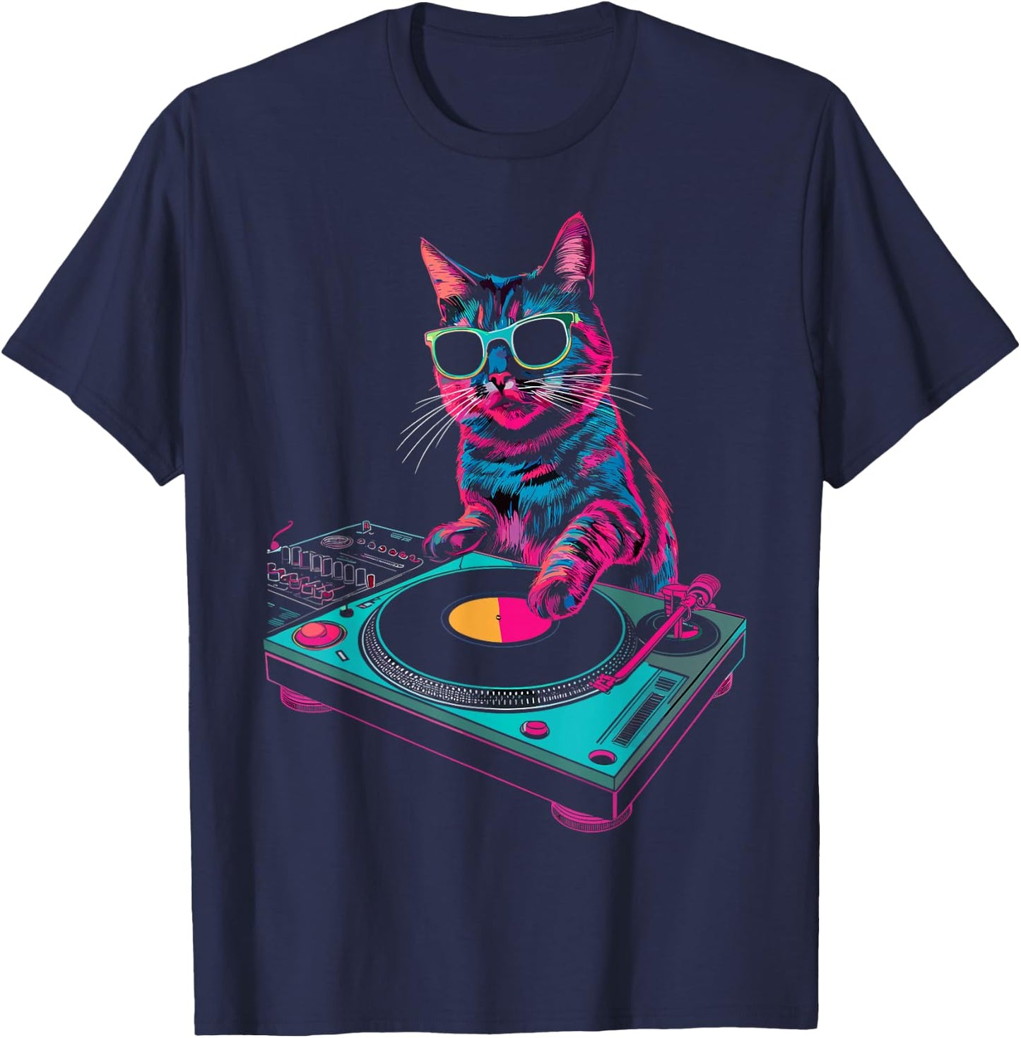 House DJ Cat Rainbow DJ Cat Kitty on Turntable Disco DJ Cat , Small, Black T-Shirt - T-Shirt | Navy