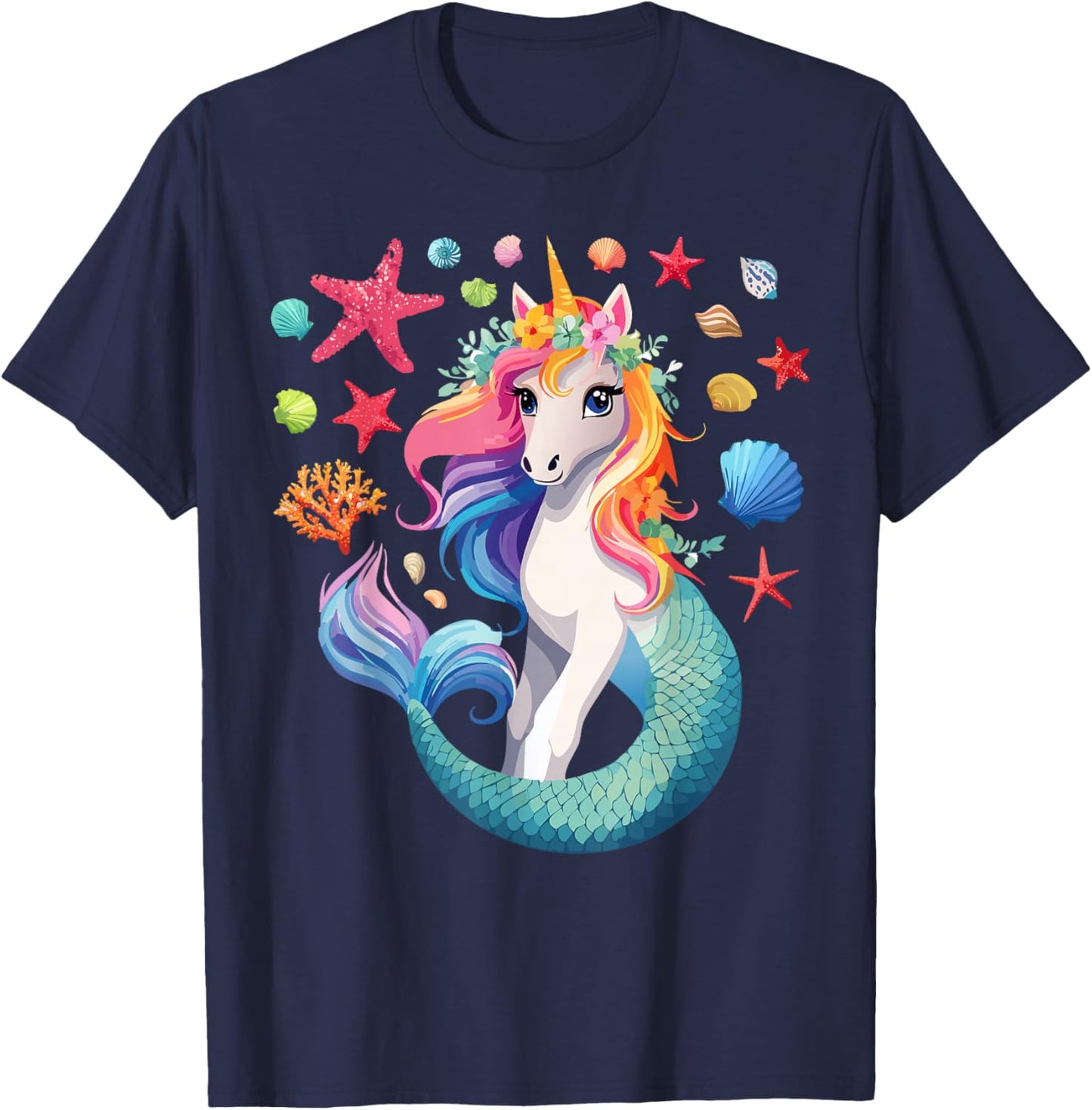Mermicorn Unicorn Mermaid Lover Seashells Starfish T-Shirt - T-Shirt | Navy