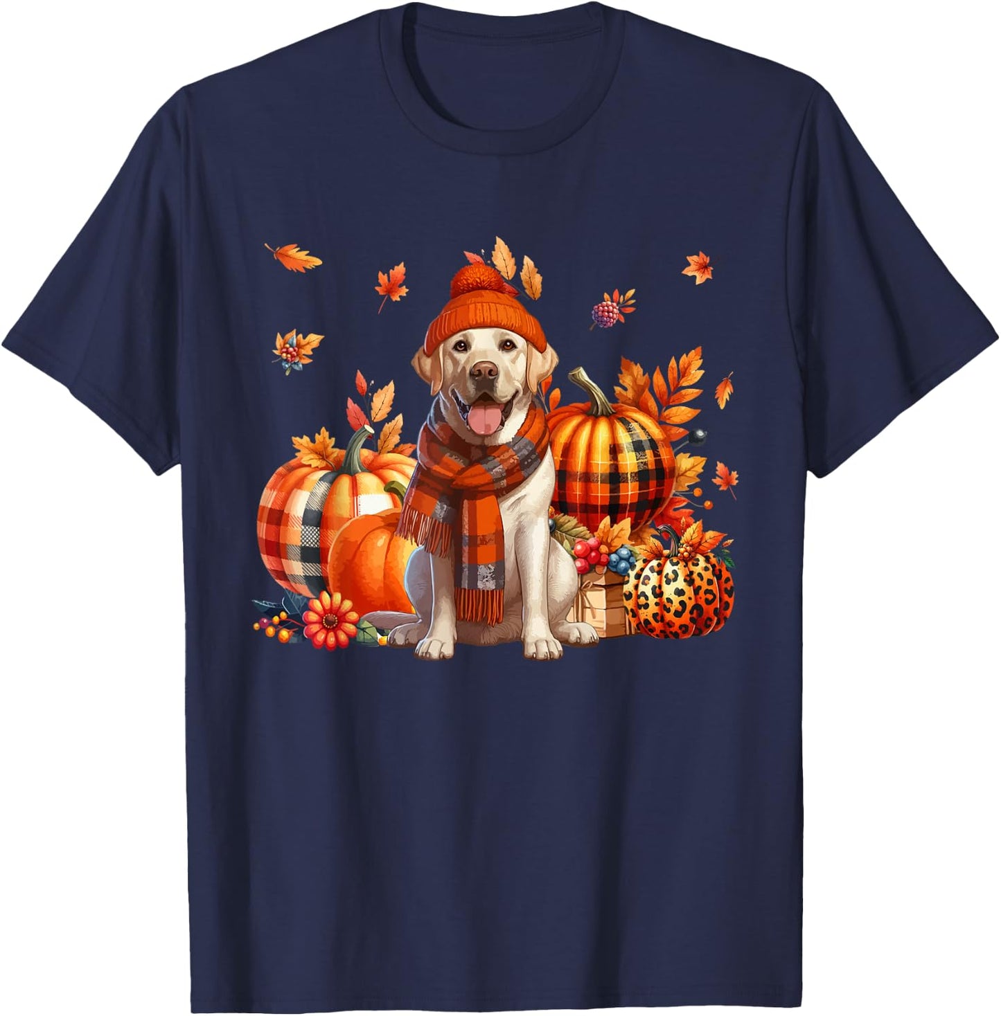 Labrador Retriever Thanksgiving Leopard Pumpkins Fall Leaves T-Shirt - T-Shirt | Navy