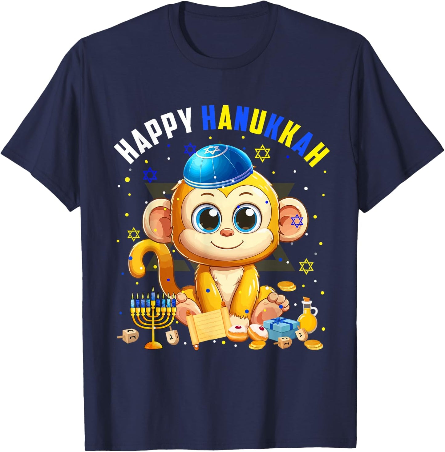 Happy Hanukkah Monkey Costume Jewish Symbols Menorah Lover T-Shirt - T-Shirt | Navy