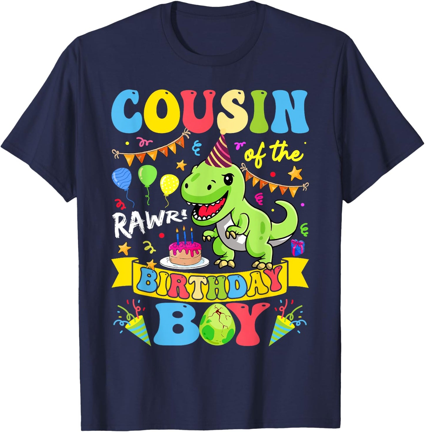 Cousin Of The Birthday Boy T-Rex Dinosaur Birthday Groovy T-Shirt - T-Shirt | Navy