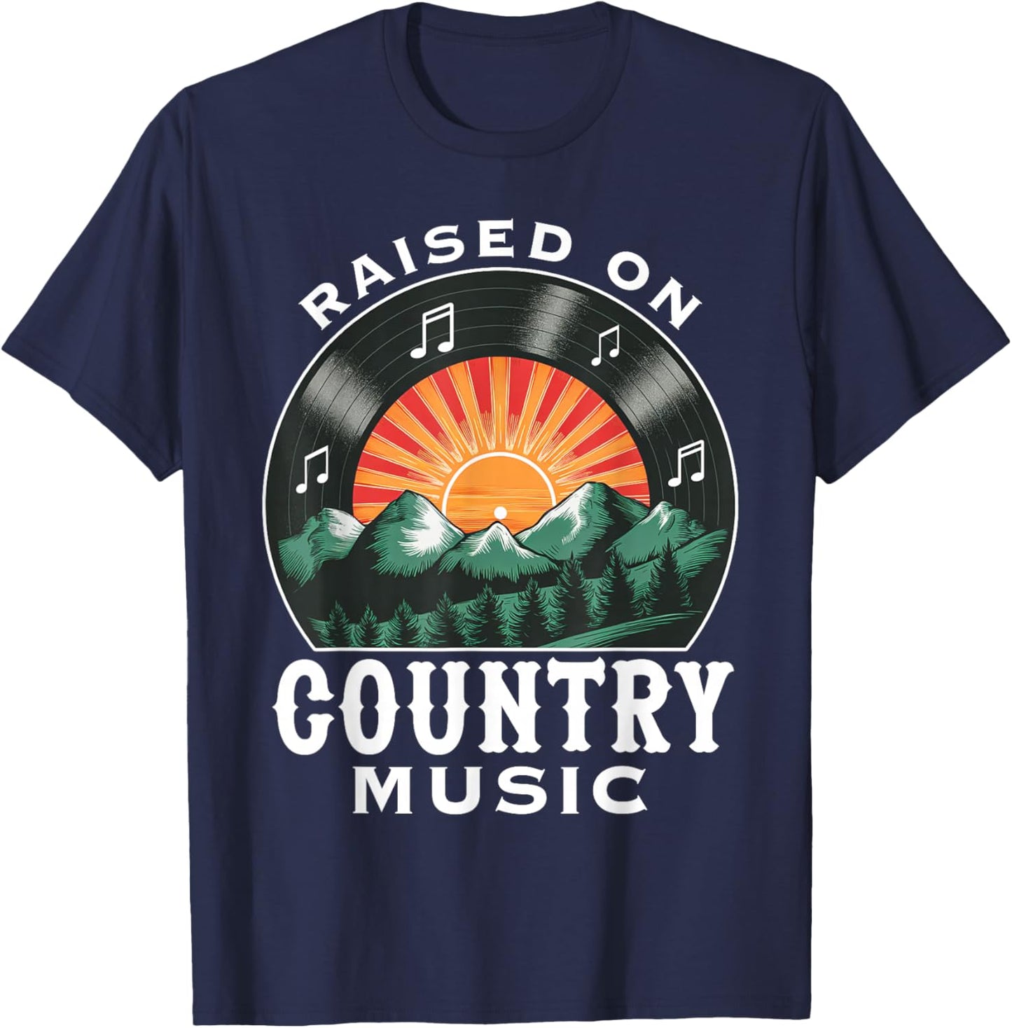 Raised on Country Music Vinyl Vintage Sunset and Mountains T-Shirt - T-Shirt | Navy