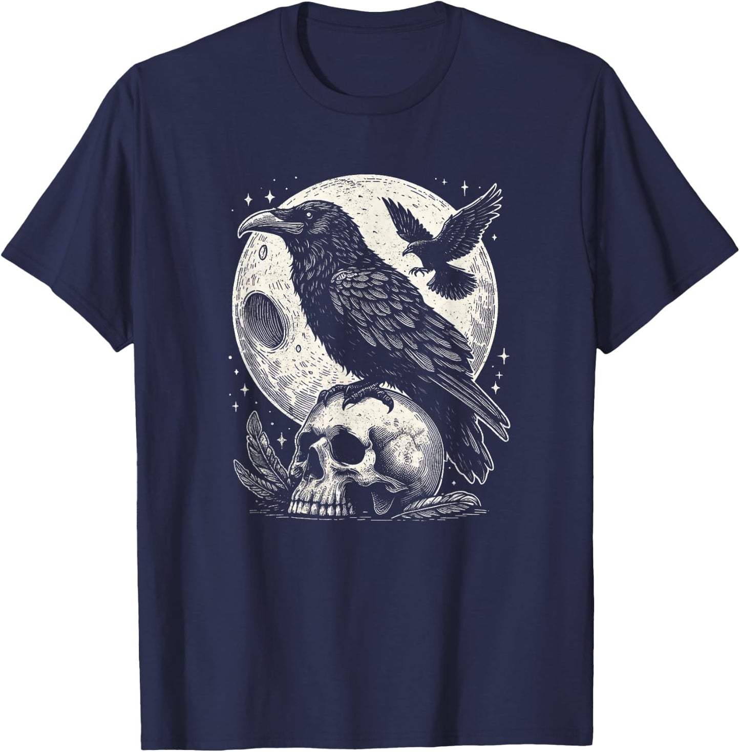Gothic Raven Skull And Moon Art Crow Design T-Shirt - T-Shirt | Navy