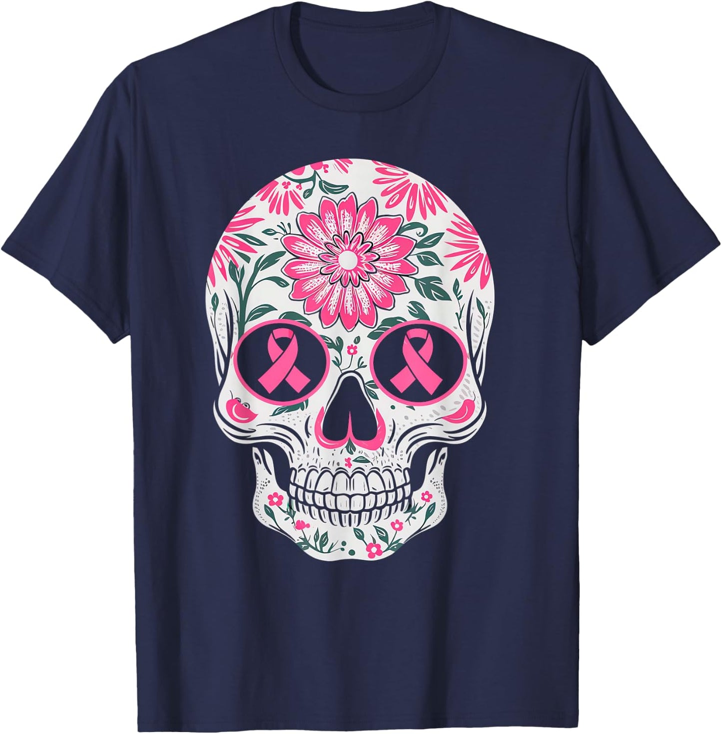 Pink Ribbon Skull Skeleton Breast Cancer Awareness T-Shirt - T-Shirt | Navy