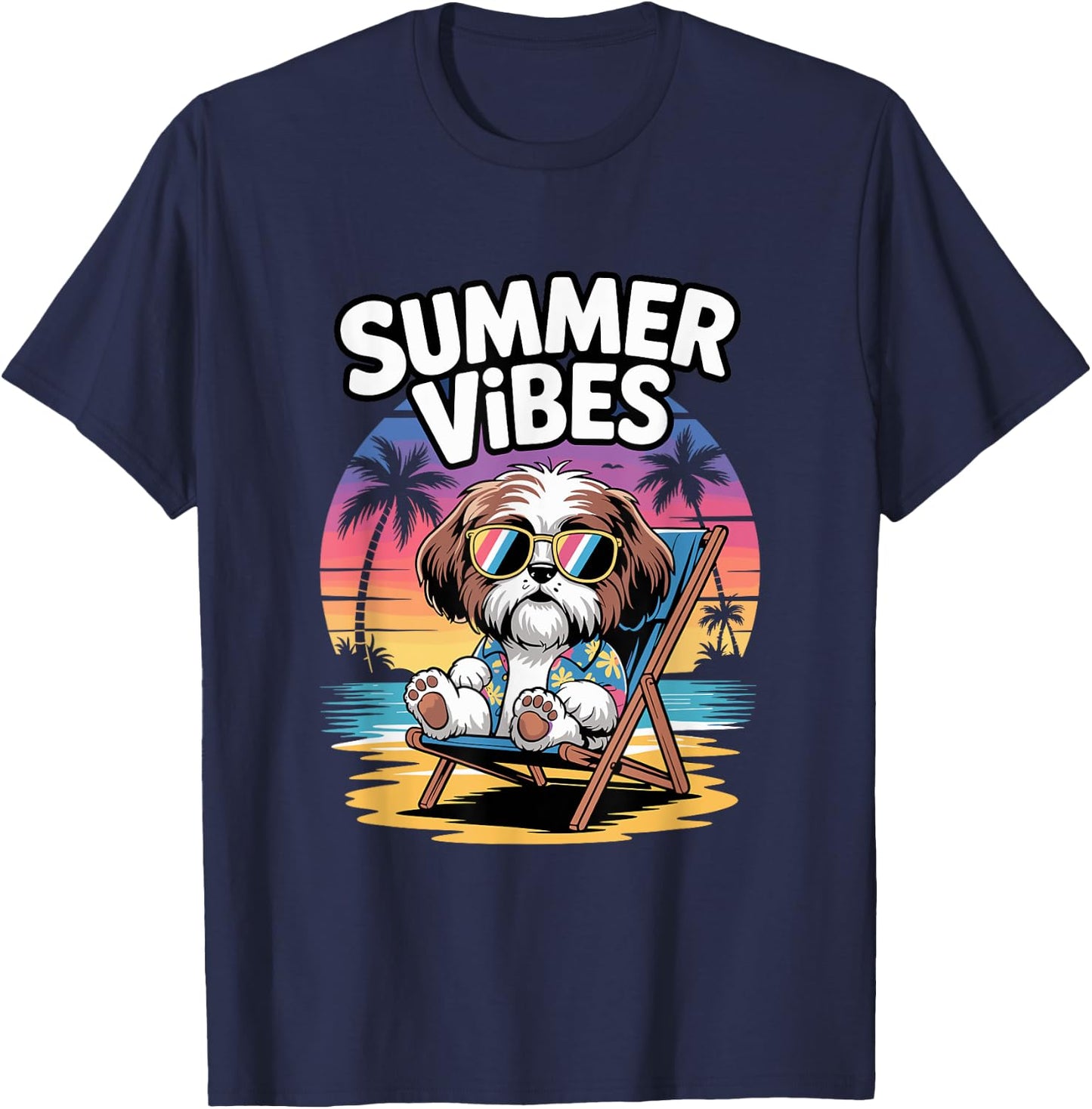 Funny Summer Shih Tzu Beach Dog Vacation T-Shirt - T-Shirt | Navy