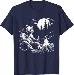 Camping Bear Drinking Beer Hiking Nature Funny Grizzly Bear T-Shirt - T-Shirt | Navy