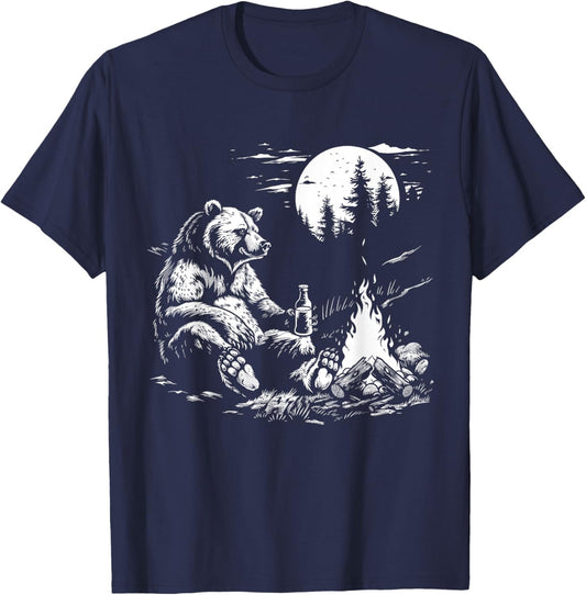 Camping Bear Drinking Beer Hiking Nature Funny Grizzly Bear T-Shirt - T-Shirt | Navy