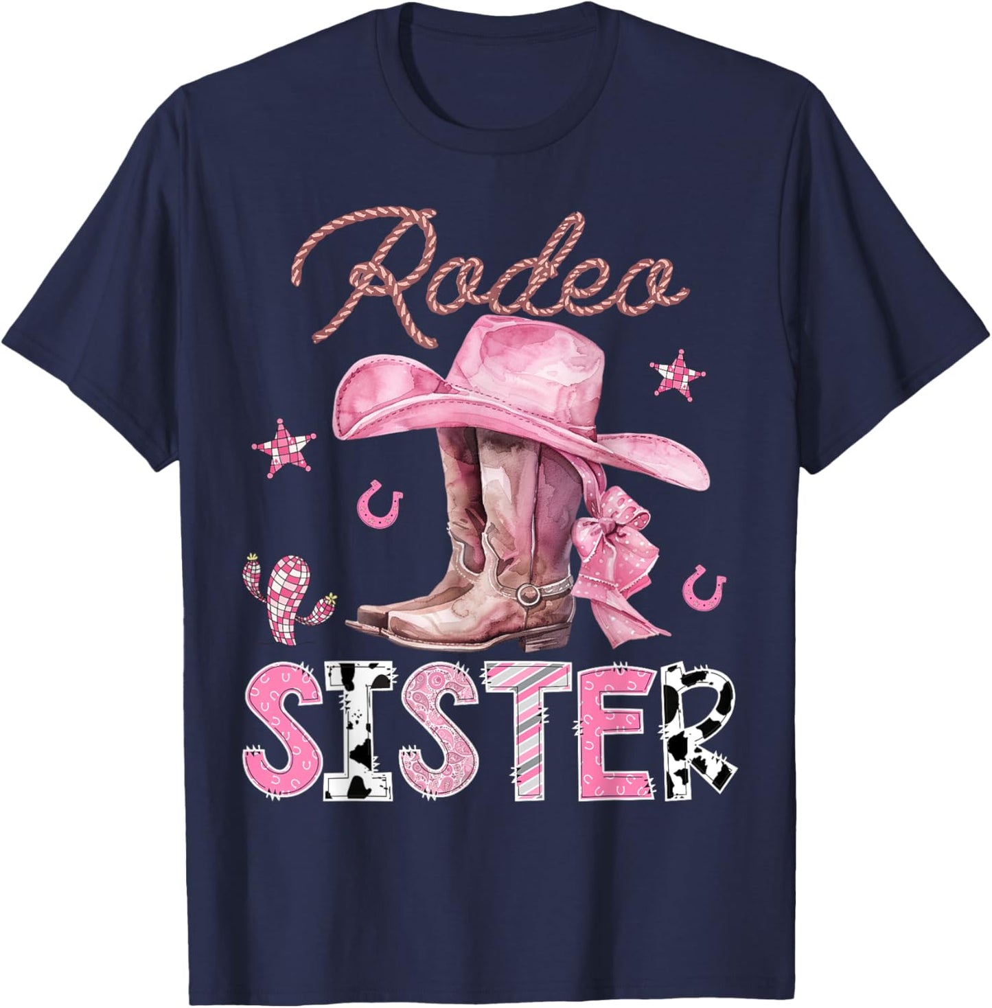 Rodeo Sister Pink Boots Coquette CowGirl Birthday Party T-Shirt - T-Shirt | Navy